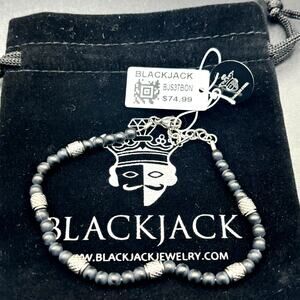 Blackjack BJS37BON Mens Genuine Onyx Stainless Steel Beaded Bracelet NIBWT